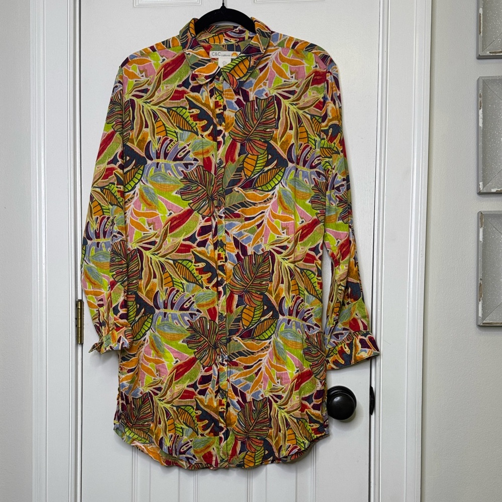 C&C California Multicolor Leaf Pattern Casual Shirt Dress Large - Picture 2 of 5